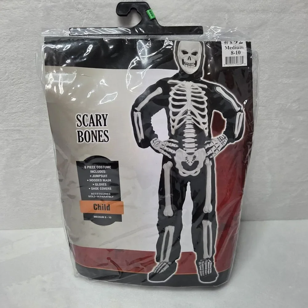 Scary Bones Skeleton Costume Child Medium 8-10 Jumpsuit Mask Gloves Halloween